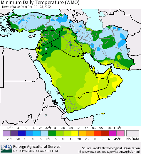Middle East and Turkey Minimum Daily Temperature (WMO) Thematic Map For 12/19/2022 - 12/25/2022
