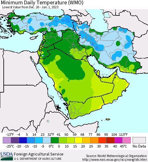 Middle East and Turkey Minimum Daily Temperature (WMO) Thematic Map For 12/26/2022 - 1/1/2023