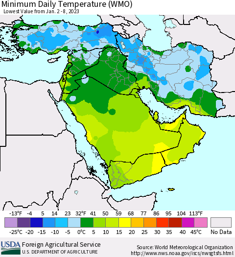 Middle East and Turkey Minimum Daily Temperature (WMO) Thematic Map For 1/2/2023 - 1/8/2023