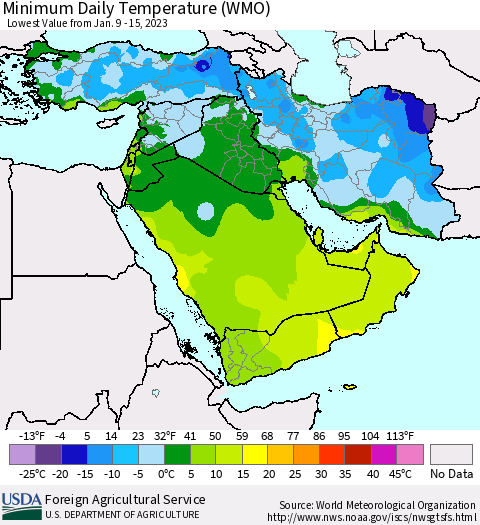 Middle East and Turkey Minimum Daily Temperature (WMO) Thematic Map For 1/9/2023 - 1/15/2023