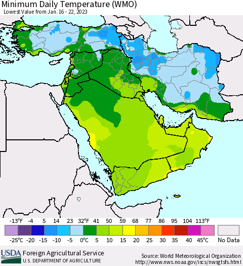 Middle East and Turkey Minimum Daily Temperature (WMO) Thematic Map For 1/16/2023 - 1/22/2023