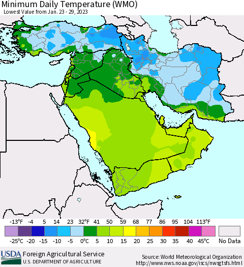 Middle East and Turkey Minimum Daily Temperature (WMO) Thematic Map For 1/23/2023 - 1/29/2023
