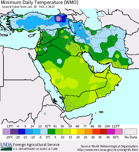 Middle East and Turkey Minimum Daily Temperature (WMO) Thematic Map For 1/30/2023 - 2/5/2023