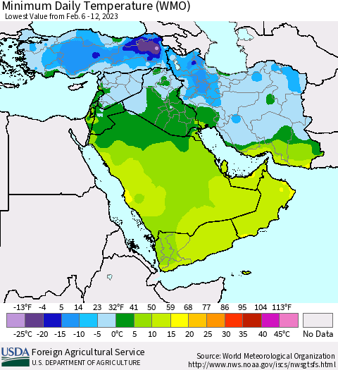 Middle East and Turkey Minimum Daily Temperature (WMO) Thematic Map For 2/6/2023 - 2/12/2023
