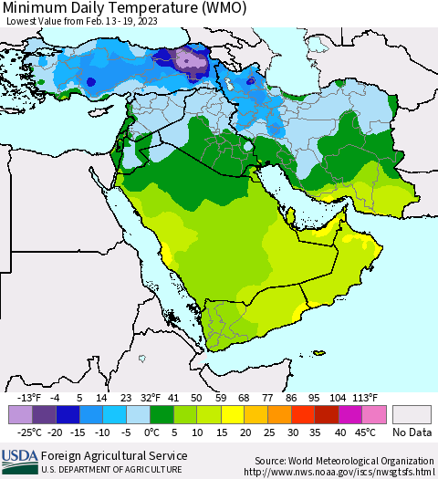 Middle East and Turkey Minimum Daily Temperature (WMO) Thematic Map For 2/13/2023 - 2/19/2023