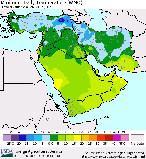 Middle East and Turkey Minimum Daily Temperature (WMO) Thematic Map For 2/20/2023 - 2/26/2023