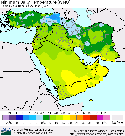 Middle East and Turkey Minimum Daily Temperature (WMO) Thematic Map For 2/27/2023 - 3/5/2023