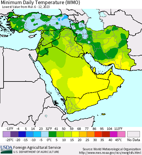 Middle East and Turkey Minimum Daily Temperature (WMO) Thematic Map For 3/6/2023 - 3/12/2023