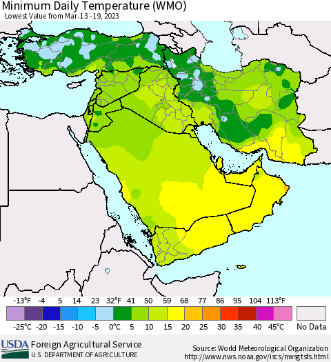 Middle East and Turkey Minimum Daily Temperature (WMO) Thematic Map For 3/13/2023 - 3/19/2023