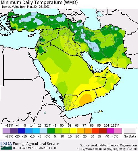 Middle East and Turkey Minimum Daily Temperature (WMO) Thematic Map For 3/20/2023 - 3/26/2023
