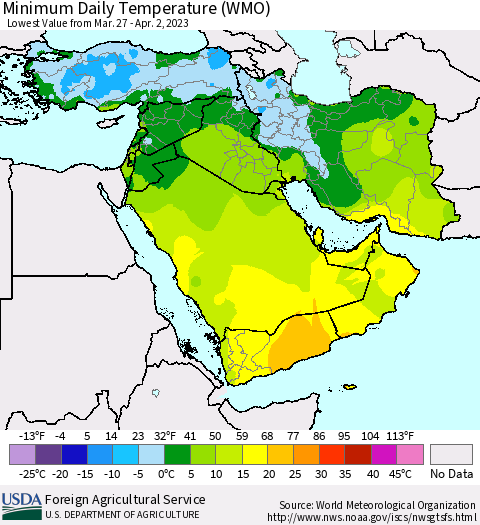 Middle East and Turkey Minimum Daily Temperature (WMO) Thematic Map For 3/27/2023 - 4/2/2023