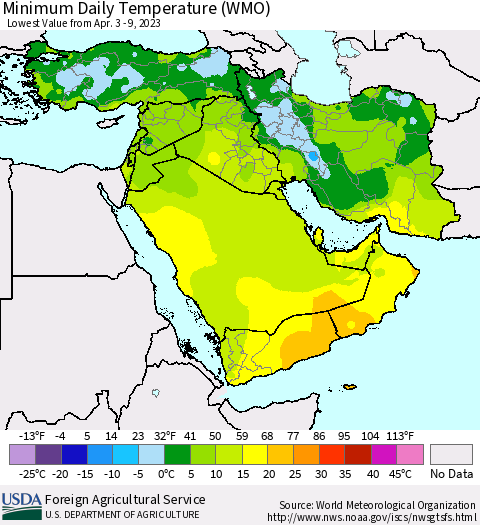 Middle East and Turkey Minimum Daily Temperature (WMO) Thematic Map For 4/3/2023 - 4/9/2023