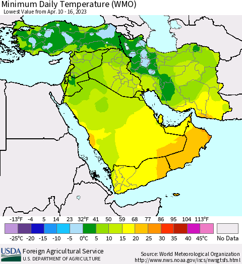 Middle East and Turkey Minimum Daily Temperature (WMO) Thematic Map For 4/10/2023 - 4/16/2023