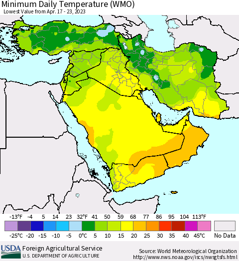 Middle East and Turkey Minimum Daily Temperature (WMO) Thematic Map For 4/17/2023 - 4/23/2023