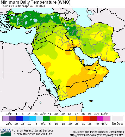 Middle East and Turkey Minimum Daily Temperature (WMO) Thematic Map For 4/24/2023 - 4/30/2023