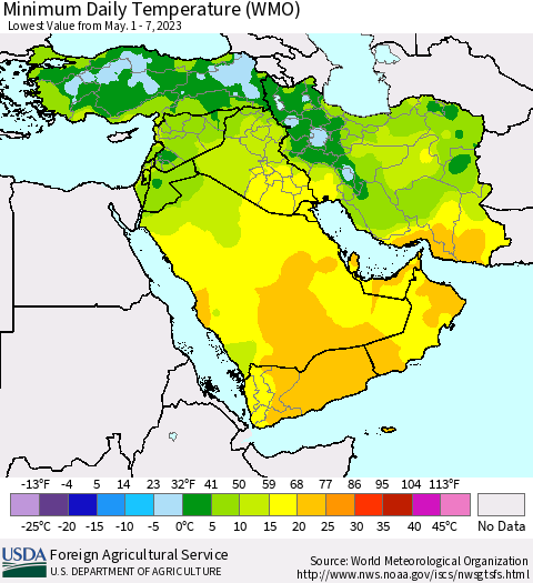 Middle East and Turkey Minimum Daily Temperature (WMO) Thematic Map For 5/1/2023 - 5/7/2023