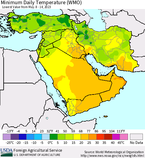 Middle East and Turkey Minimum Daily Temperature (WMO) Thematic Map For 5/8/2023 - 5/14/2023
