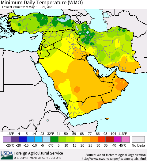 Middle East and Turkey Minimum Daily Temperature (WMO) Thematic Map For 5/15/2023 - 5/21/2023