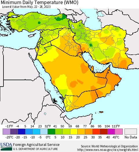 Middle East and Turkey Minimum Daily Temperature (WMO) Thematic Map For 5/22/2023 - 5/28/2023