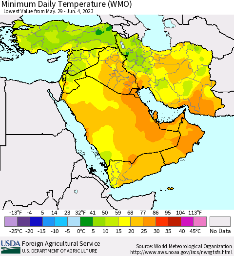 Middle East and Turkey Minimum Daily Temperature (WMO) Thematic Map For 5/29/2023 - 6/4/2023