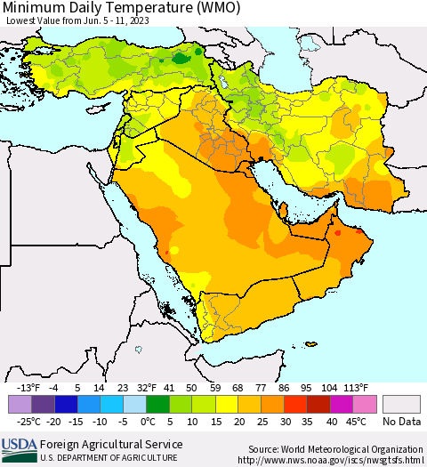 Middle East and Turkey Minimum Daily Temperature (WMO) Thematic Map For 6/5/2023 - 6/11/2023