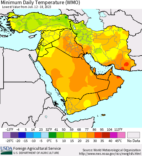 Middle East and Turkey Minimum Daily Temperature (WMO) Thematic Map For 6/12/2023 - 6/18/2023