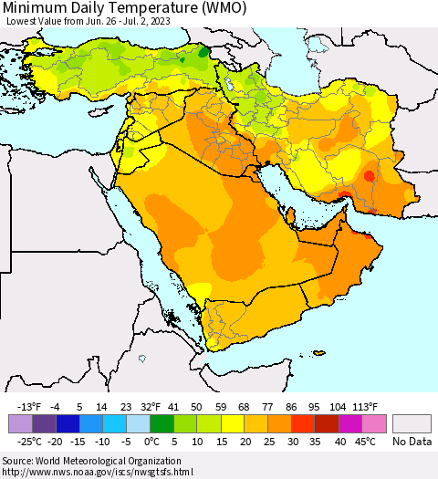 Middle East and Turkey Minimum Daily Temperature (WMO) Thematic Map For 6/26/2023 - 7/2/2023