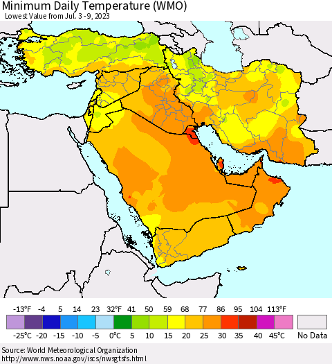 Middle East and Turkey Minimum Daily Temperature (WMO) Thematic Map For 7/3/2023 - 7/9/2023