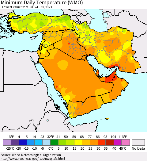 Middle East and Turkey Minimum Daily Temperature (WMO) Thematic Map For 7/24/2023 - 7/30/2023