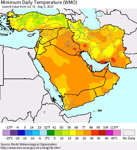 Middle East and Turkey Minimum Daily Temperature (WMO) Thematic Map For 7/31/2023 - 8/6/2023