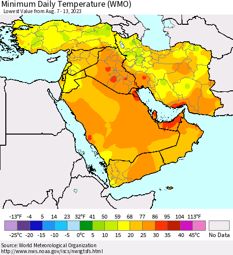 Middle East and Turkey Minimum Daily Temperature (WMO) Thematic Map For 8/7/2023 - 8/13/2023