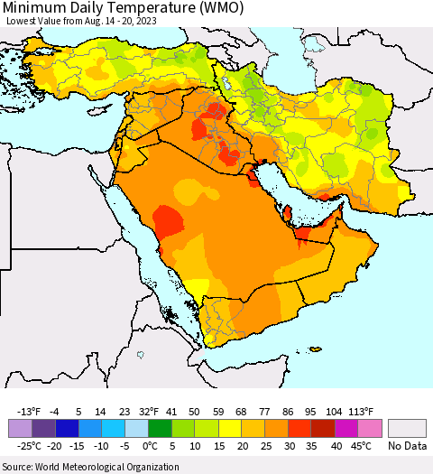 Middle East and Turkey Minimum Daily Temperature (WMO) Thematic Map For 8/14/2023 - 8/20/2023