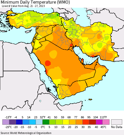 Middle East and Turkey Minimum Daily Temperature (WMO) Thematic Map For 8/21/2023 - 8/27/2023