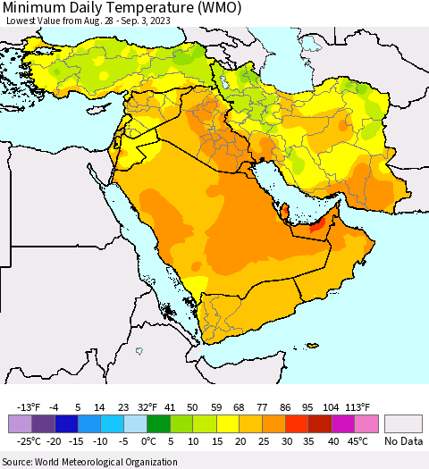 Middle East and Turkey Minimum Daily Temperature (WMO) Thematic Map For 8/28/2023 - 9/3/2023