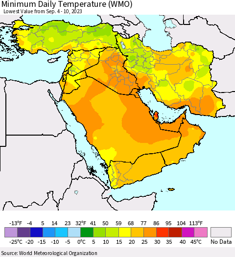 Middle East and Turkey Minimum Daily Temperature (WMO) Thematic Map For 9/4/2023 - 9/10/2023
