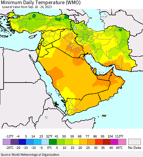 Middle East and Turkey Minimum Daily Temperature (WMO) Thematic Map For 9/18/2023 - 9/24/2023