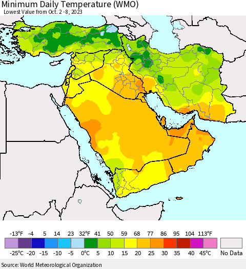 Middle East and Turkey Minimum Daily Temperature (WMO) Thematic Map For 10/2/2023 - 10/8/2023