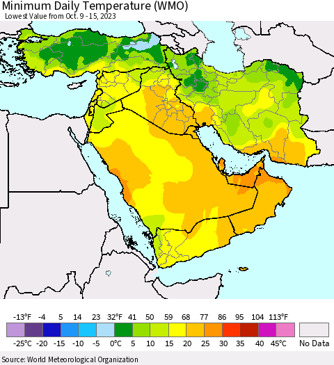 Middle East and Turkey Minimum Daily Temperature (WMO) Thematic Map For 10/9/2023 - 10/15/2023