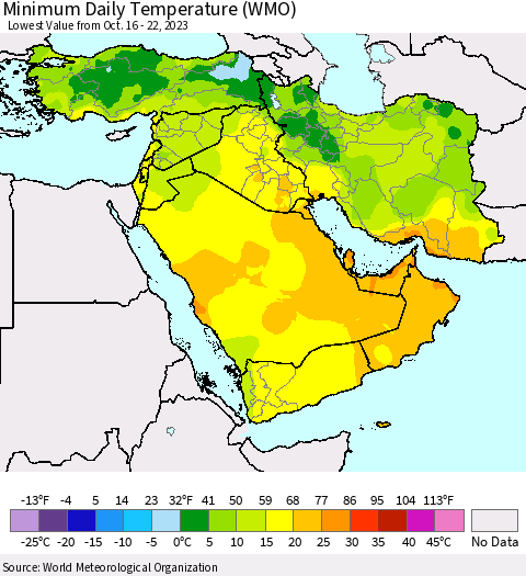 Middle East and Turkey Minimum Daily Temperature (WMO) Thematic Map For 10/16/2023 - 10/22/2023
