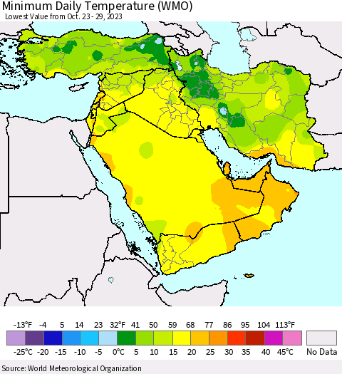Middle East and Turkey Minimum Daily Temperature (WMO) Thematic Map For 10/23/2023 - 10/29/2023