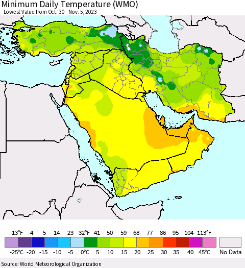 Middle East and Turkey Minimum Daily Temperature (WMO) Thematic Map For 10/30/2023 - 11/5/2023