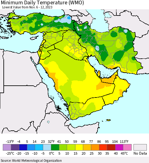 Middle East and Turkey Minimum Daily Temperature (WMO) Thematic Map For 11/6/2023 - 11/12/2023