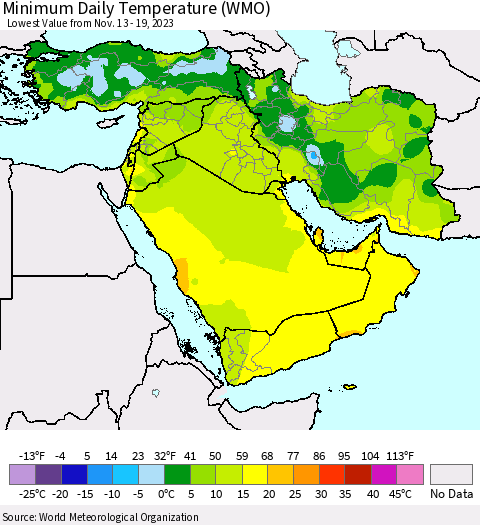 Middle East and Turkey Minimum Daily Temperature (WMO) Thematic Map For 11/13/2023 - 11/19/2023