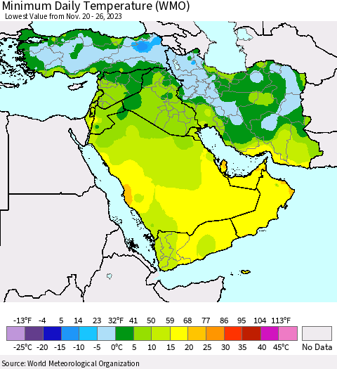 Middle East and Turkey Minimum Daily Temperature (WMO) Thematic Map For 11/20/2023 - 11/26/2023