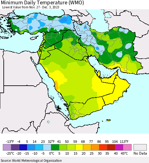 Middle East and Turkey Minimum Daily Temperature (WMO) Thematic Map For 11/27/2023 - 12/3/2023