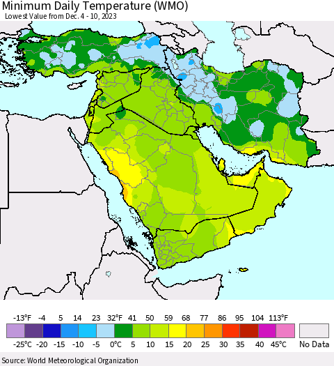 Middle East and Turkey Minimum Daily Temperature (WMO) Thematic Map For 12/4/2023 - 12/10/2023
