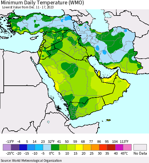 Middle East and Turkey Minimum Daily Temperature (WMO) Thematic Map For 12/11/2023 - 12/17/2023