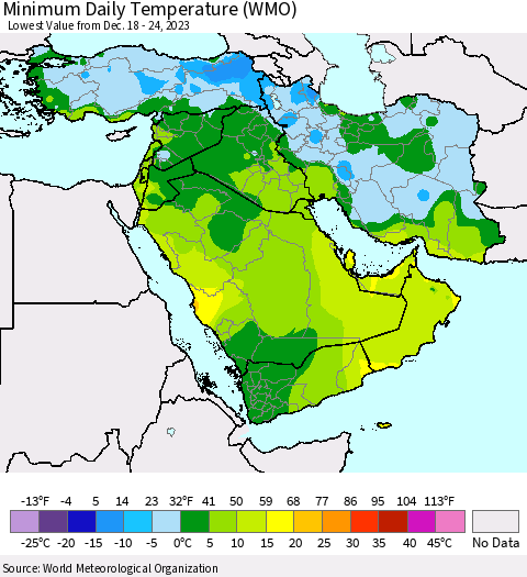 Middle East and Turkey Minimum Daily Temperature (WMO) Thematic Map For 12/18/2023 - 12/24/2023