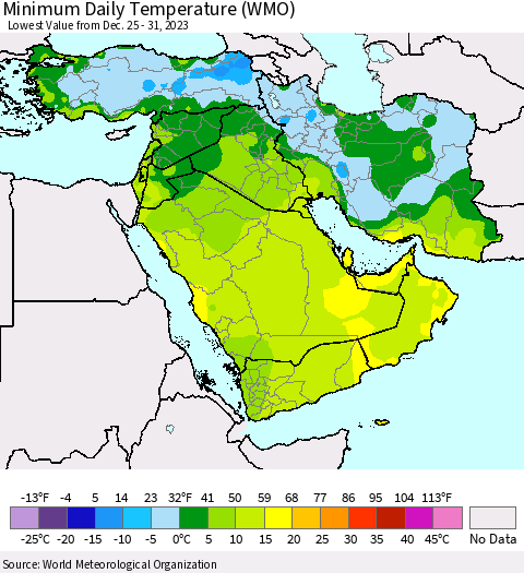 Middle East and Turkey Minimum Daily Temperature (WMO) Thematic Map For 12/25/2023 - 12/31/2023