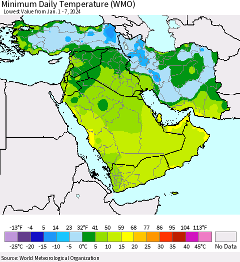 Middle East and Turkey Minimum Daily Temperature (WMO) Thematic Map For 1/1/2024 - 1/7/2024